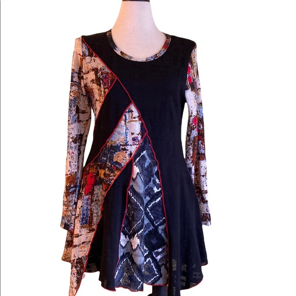 Paris Blues Tops - Paris, multicolored tunic, short dress, patchwork, uneven hem, stretchy, L